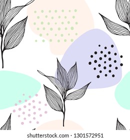 abstract floral seamless pattern with colorful blobs and leaves in hand drawn sketch style. Vector illustration on white background.