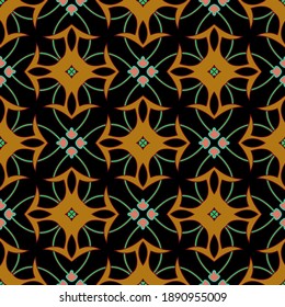 Resumen del patrón floral sin costuras. Ornamentos antiguos coloridos sobre fondo negro. Fondo de repetición con patrones. Diseño de vectores. Ornamento decorativo simétrico de líneas. Para tela, impresiones, textiles.