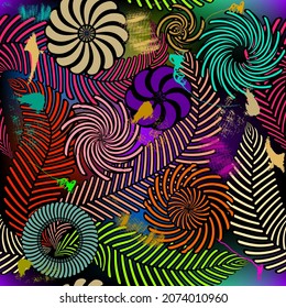 Abstract floral seamless pattern. Colorful modern flowery background. Hand drawn bright flowers with fractals, spirals. Repeat floral backdrop. Grunge textured flowers ornament. Endless bright texture