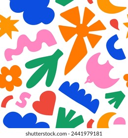 Abstract floral seamless pattern with colorful organic shapes. Trendy random figures isolated on a white background. Spring background. Vector illustration