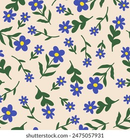 Abstract floral seamless pattern. Colorful botanical print. Cute groovy flowers on a beige background. Blue, yellow and green colors. Vector illustration