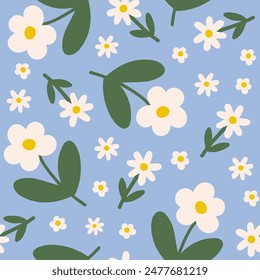 Abstract floral seamless pattern. Colorful botanical print. Cute groovy flowers on a blue background. Blue, white and green colors. Vector illustration