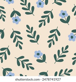 Abstract floral seamless pattern. Colorful botanical print. Cute groovy flowers and branches on a beige background. Blue, beige and green colors. Vector illustration