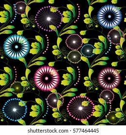 Abstract floral seamless pattern. Colorful flowers, swirl leaves and vintage ornaments. Black flowery background. Flourish wallpaper. Luxury modern vector  texture for fabric, textile.