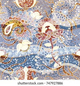 Abstract floral seamless pattern. Colorful wallpaper with dots and waves