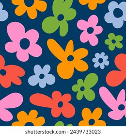 Abstract floral seamless pattern with cute groovy flowers on a dark blue background. Vector illustration