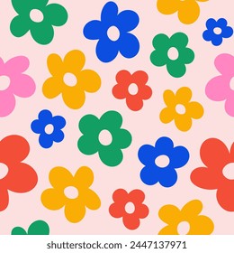 Abstract floral seamless pattern with cute colorful groovy flowers. Vector illustration