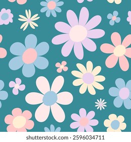 Abstract floral seamless pattern. Cute colorful flowers on a blue background. Vector illustration.