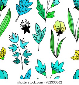 Abstract floral seamless pattern with cute leaves and flowers in hand drawn doodle style. Vector illustratiom on white background