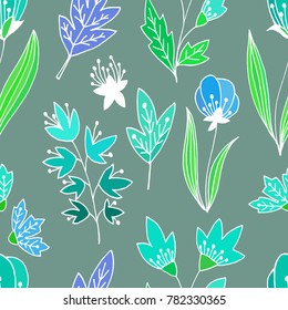 Abstract floral seamless pattern with cute leaves and flowers in hand drawn doodle style. Vector illustratiom on white background