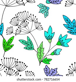 Abstract floral seamless pattern with cute colorful leaves and flowers in hand drawn doodle style. Vector spring or summer background on white.