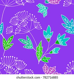 Abstract floral seamless pattern with cute colorful leaves and flowers in hand drawn doodle style. Vector spring or summer background on ultra violet.