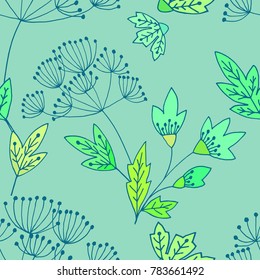 Abstract floral seamless pattern with cute leaves and flowers in hand drawn doodle style. Spring vector illustration on green background