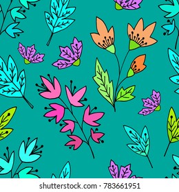 Abstract floral seamless pattern with cute leaves and flowers in hand drawn doodle style. Spring vector illustration on turquoise background