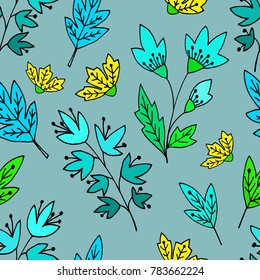 Abstract floral seamless pattern with cute leaves and flowers in hand drawn doodle style. Spring vector illustration on grey background