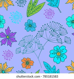 Abstract floral seamless pattern with cute leaves and flowers in hand drawn doodle style. Spring vector illustration on purple background