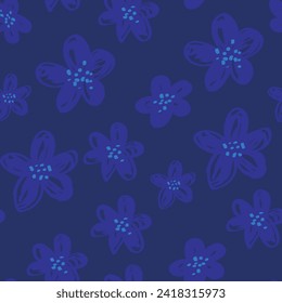 Abstract floral seamless pattern. Dark colors, night, gouache painting. Outline contour lines forming stylized blooming daisy flowers.
Curved lines and brush strokes, scribbles, doodle