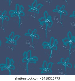 Abstract floral seamless pattern. Dark colors, night, gouache painting. Outline contour lines forming stylized blooming daisy flowers.
Curved lines and brush strokes, scribbles, doodle
