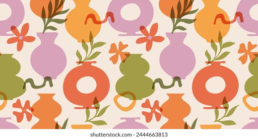 Abstract floral seamless pattern with decorative flowers and leaves in vase. Organic nature shapes background. Paper cut collage style. Modern vector design for fabric, textile, wallpaper, wrapping.