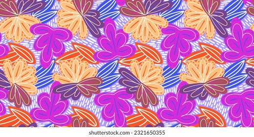 Resumen de diseño de patrones sin costura floral. Fondo vector dibujado a mano con flores y hojas. Patrón ininterrumpido orgánico
