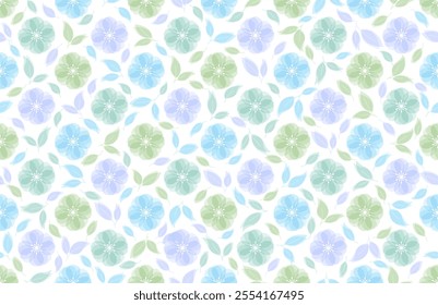 Abstract floral seamless pattern design in gradient green, blue and purple color palette on white background, for background or wallpaper.