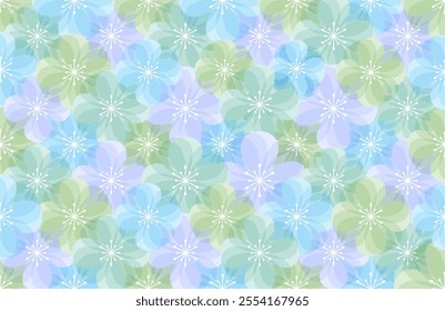 Abstract floral seamless pattern design in gradient green, blue and purple color palette on white background, for background or wallpaper.