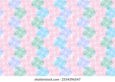 Abstract floral seamless pattern design in gradient green, blue, purple and pink colors on white background, for background or wallpaper.
