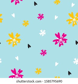 Abstract floral seamless pattern in doodle style in vector. Sweet colorful flowers pattern for textile, fabric, wrapping