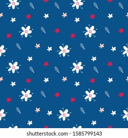 Abstract floral seamless pattern in doodle style in vector over trendy 2020 color classic blue. Sweet colorful flowers pattern for textile, fabric, wrapping