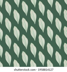 Abstract floral seamless pattern with doodle leaf elements print. Light blue ornament on green background. Stock illustration. Vector design for textile, fabric, giftwrap, wallpapers.