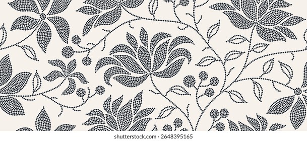 Abstract floral seamless pattern with dotted style. flower and leaves background.
