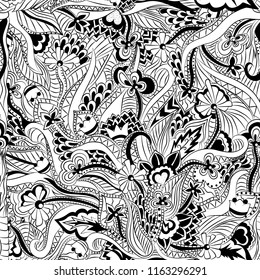 Abstract floral, seamless pattern. Drawn dudles. For meditation, soothing, textile