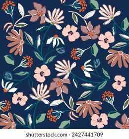 Abstract floral seamless pattern drawn on paper with paints vintage roses. Beautiful print for decoration of textiles and design.Floral liberty pattern. Plant background for fashion, tapestries, print