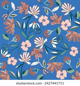 Abstract floral seamless pattern drawn on paper with paints vintage roses. Beautiful print for decoration of textiles and design.Floral liberty pattern. Plant background for fashion, tapestries, print