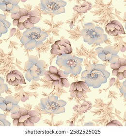 Abstract floral seamless pattern drawn on paper with paints vintage roses. Beautiful print for decoration of textiles and design.