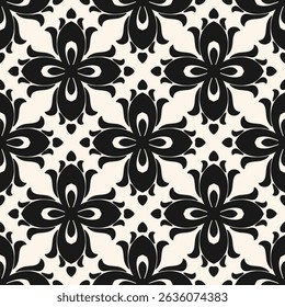 Abstract floral seamless pattern. Elegant vector geometric ornament with ethnic folk motif. Simple black and white background texture with big flower silhouettes. Repeated design for fabric, textile