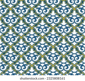 Abstraktes, nahtloses Muster aus Blumen. Blumengekachelter orientalischer Hintergrund. Arabische Ornamente mit asianischem Blumenmotiv. Gut geeignet für Gewebe, Textilien, Tapeten oder Paket-Hintergrund-Design.