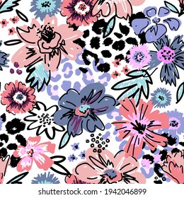 Abstract floral seamless pattern  with flower and leopard skin print. Creative artistic background. Surface design, fabric, gift wrapping, wallpaper