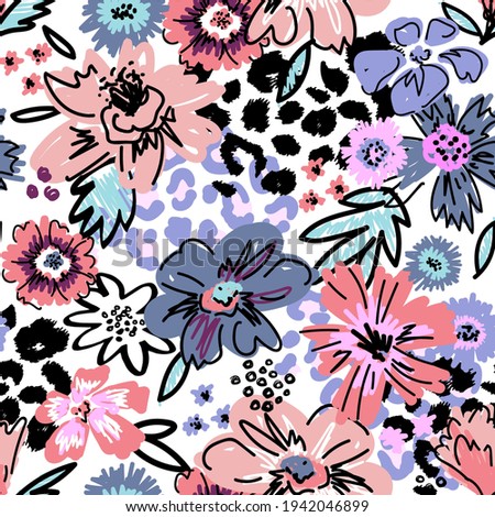 Abstract floral seamless pattern  with flower and leopard skin print. Creative artistic background. Surface design, fabric, gift wrapping, wallpaper