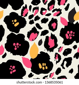 Abstract floral seamless pattern with flowers, animal skin print. Creative artistic background. Digital vector art for surface design, fabric, gift wrapping, wallpaper