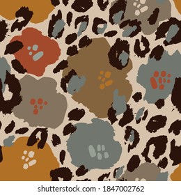 Abstract floral seamless pattern with flowers, animal skin print. Creative artistic background. Digital vector art for surface design, fabric, gift wrapping, wallpaper