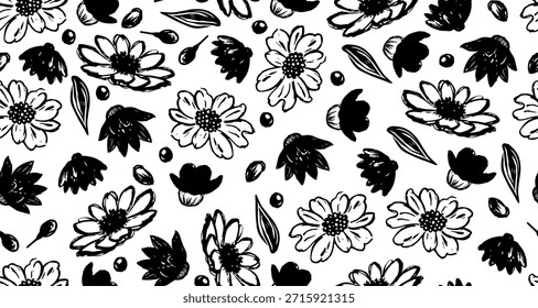 Abstractas patrón floral sin fisuras con flores y hojas en estilo de moda dibujado a mano. Textura botánica de Vector Abstractas. Patrón sin fisuras para el diseño minimalista. Moderna Plantilla de hojas de moda. No es IA