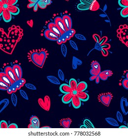 Abstract floral seamless pattern. Flowers and leaves repeated backdrop for girls, child, textile, clothes, wrapping paper.