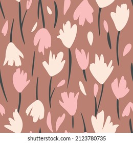 Resumen de patrón floral sin costuras con flores de jardín. Sencillo plano. Fondo de flores de tulipán. Brillante huella botánica de verano. Motivo de la naturaleza de estilo vintage. Diseño de tejidos y de moda textil.