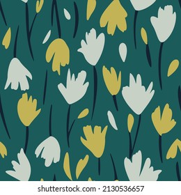 Abstract floral seamless pattern with garden flowers. Simple flat drawing. Tulip flower background. Bright summer botanical print. Nature motif in vintage style. Fabric and textile fashion design.