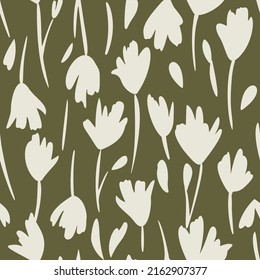 Abstract floral seamless pattern with garden flowers. Simple flat drawing. Tulip flower background. Bright summer botanical print. Nature motif in vintage style. Fabric and textile fashion design.