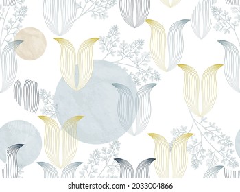 Abstract floral seamless pattern with geometric and abstract organic shapes in retro style. Flower lotus and leaves nature wallpaper. Floral stylish artistic ornamental tile line art background