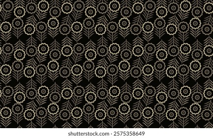 Abstract floral seamless pattern with geometric flower n leaves in light and gray on black background. Vector design for masculine male shirt lady dress cloth casual summer  textile cover all over