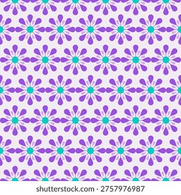 Abstract floral seamless pattern with geometric purple and bluish green flowers on a light background.