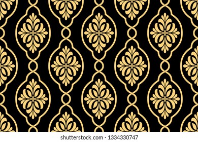 Abstract floral seamless pattern. Gold and black ornament. Vector background.